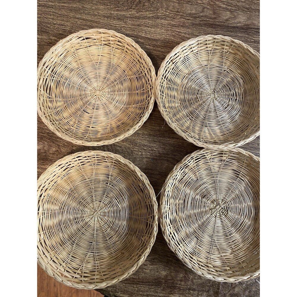 Set of 4 Vintage Boho Wicker Rattan 9.5" Paper Plate Holders Wall Hanging Retro